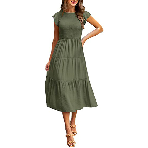 Army Green Ruffled Sleeve Pleated Layered Casual Dress TQV310008-27