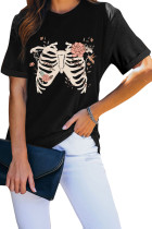 Black Skeleton Floral Graphic Print Short Sleeve T Shirt  LC25215662-2