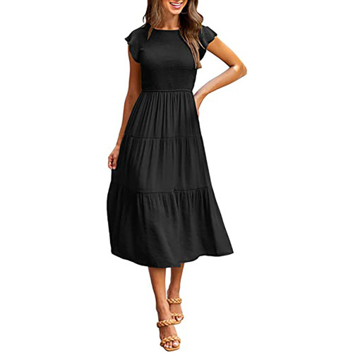 Black Ruffled Sleeve Pleated Layered Casual Dress TQV310008-2