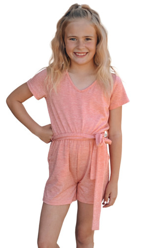 Pink Tie Waist V Neck Short Sleeve Girl's Romper TZ64130-10