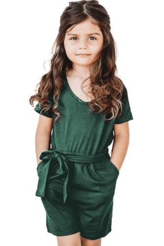 Green Tie Waist V Neck Short Sleeve Girl's Romper TZ64130-9
