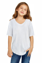 White Textured V Neck Short Sleeve Girl's T Shirt TZ25796-1