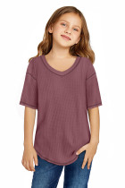 Red Textured V Neck Short Sleeve Girl's T Shirt TZ25796-3