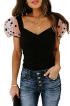 Black Backless Ruched Polka Dot Puff Sleeve Bodysuit LC6421017-2