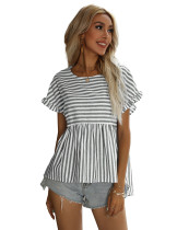 Light Gray Striped Print Short Sleeve Pullover Tops TQK210928-25