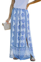 Blue Floral Print Wide Leg Pants with Slits LC7711022-5