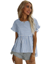 Blue Striped Print Short Sleeve Pullover Tops TQK210928-5