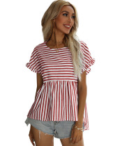 Burgundy Striped Print Short Sleeve Pullover Tops TQK210928-3