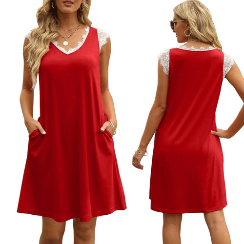 Red Splicing Lace V Neck Knit T-shirt Dress TQF311055-3