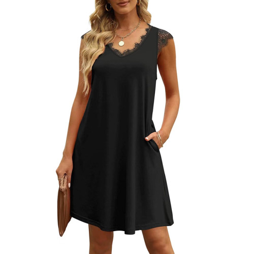 Black Splicing Lace V Neck Knit T-shirt Dress TQF311055-2