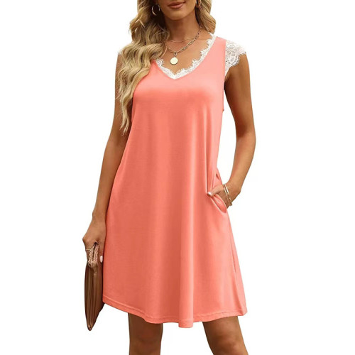 Pink Splicing Lace V Neck Knit T-shirt Dress TQF311055-10