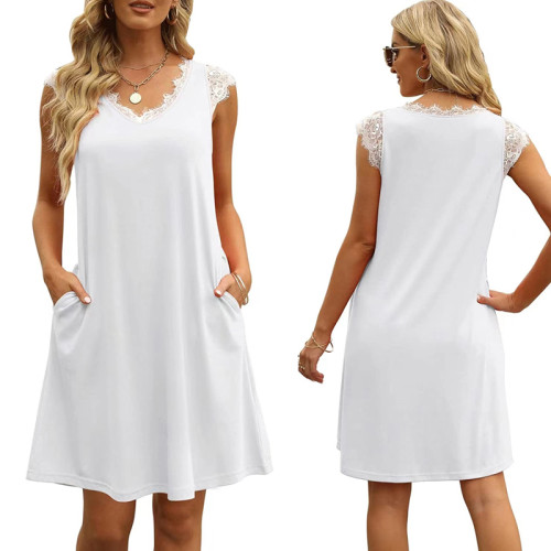 White Splicing Lace V Neck Knit T-shirt Dress TQF311055-1