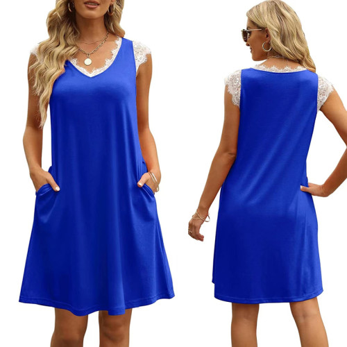 Blue Splicing Lace V Neck Knit T-shirt Dress TQF311055-5