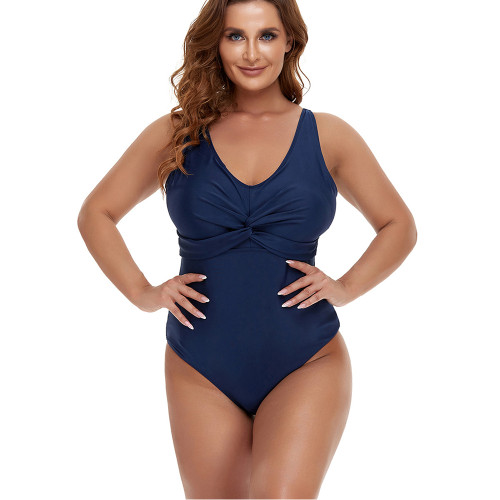 Navy Blue Front Twist Plus Size One Piece Swimsuit TQK620164-34