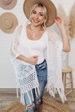 White Knit Fringe Open Front Cardigan LC2541268-1