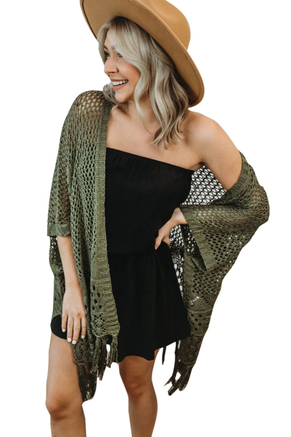 Green Knit Fringe Open Front Cardigan  LC2541268-9