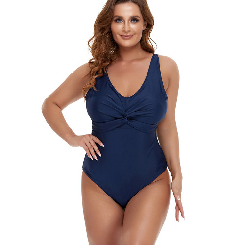 Navy Blue Front Twist Plus Size One Piece Swimsuit TQK620164-34
