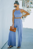 Sky Blue Knotted Backless Cami Top and Split High Waist Pants Set LC624686-4