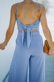 Sky Blue Knotted Backless Cami Top and Split High Waist Pants Set LC624686-4