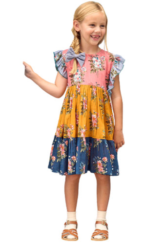 Multicolor Little Girl Colorblock Floral Print Ruffles Pleated Midi Dress TZ61502-22