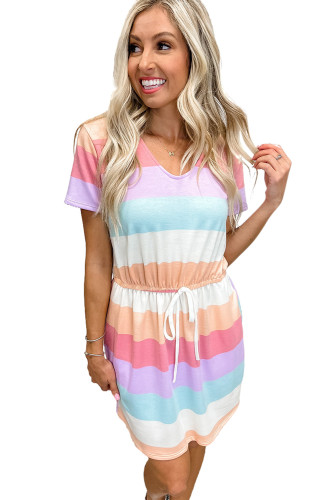 Multicolor Striped Drawstring V Neck T Shirt Dress LC619332-22