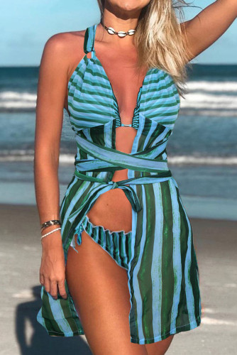 Blue Stripe Print 3pcs Swimsuit with Cover Up LC43711-105