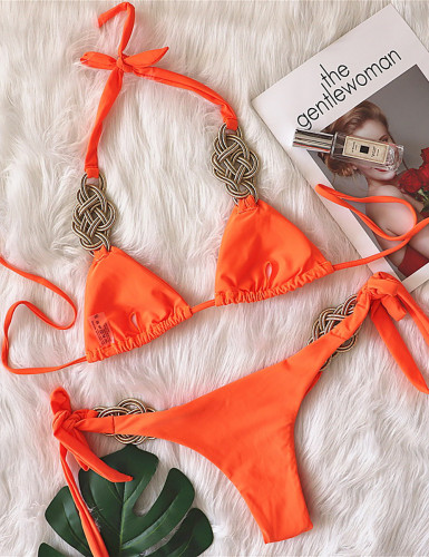 Orange Knit Handmade Halter 2pcs Bikini Swimsuit TQK610327-14