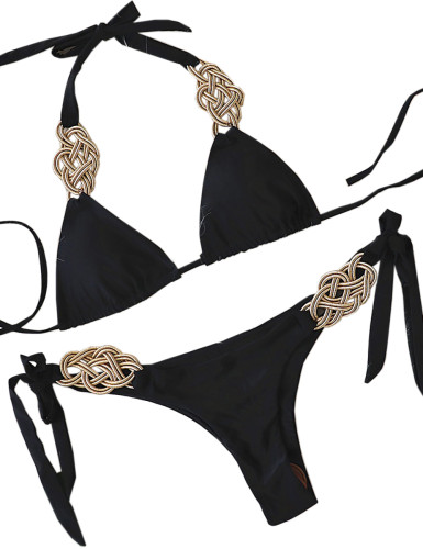 Black Knit Handmade Halter 2pcs Bikini Swimsuit TQK610327-2