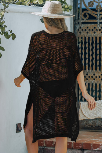 Black Knitted Hollow-out Beach Cover up with Slits LC421463-2