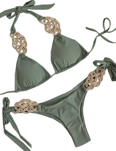 Green Knit Handmade Halter 2pcs Bikini Swimsuit TQK610327-9