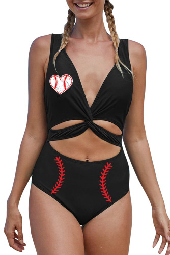 Black Baseball Heart Print Cut-out Criss Cross One-piece Swimwear  LC443164-2