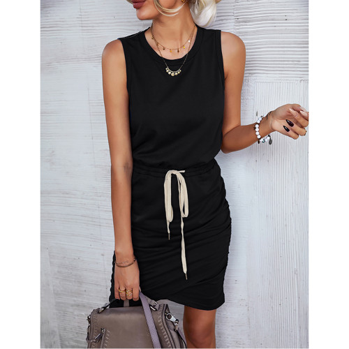 Black Knitted Drawstring Sleeveless Casual Dress TQK310956-2