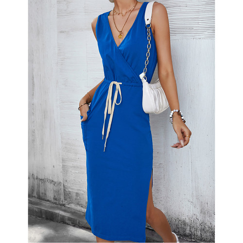 Blue V Neck Knit Pocketed Casual Dress TQK310957-5