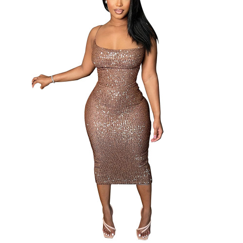 Brown Lace-up Back Clubwear Sexy Sequin Dress TQK310959-17