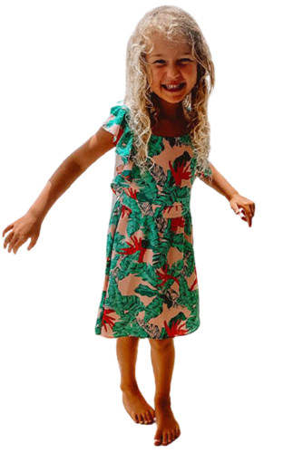 Green Leaf Print Criss Cross Flounce Sleeve Girl's Mini Dress TZ61359-9
