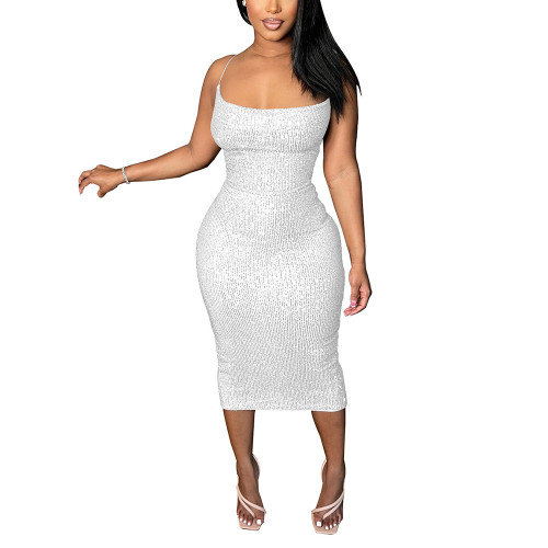 White Lace-up Back Clubwear Sexy Sequin Dress TQK310959-1