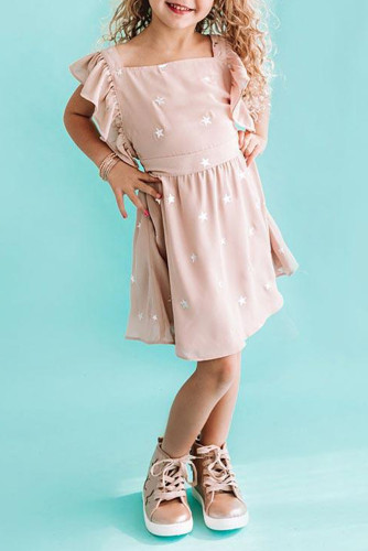 Pink Star Print Criss Cross Flounce Sleeve Girl's Mini Dress TZ61359-10