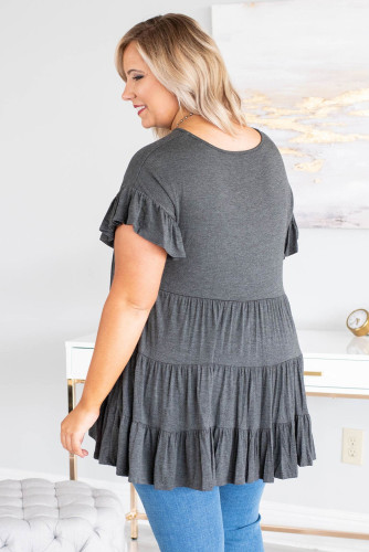 Gray Tiered Ruffled Short Sleeve Plus Size Blouse PL251029-11