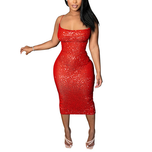Red Lace-up Back Clubwear Sexy Sequin Dress TQK310959-3