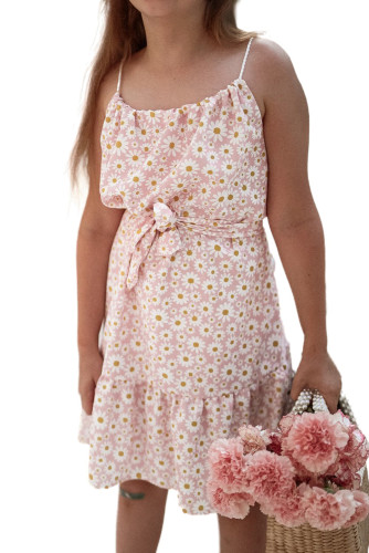 Pink Daisy Print Tie Knot Spaghetti Strap Girl's Mini Dress TZ61394-10
