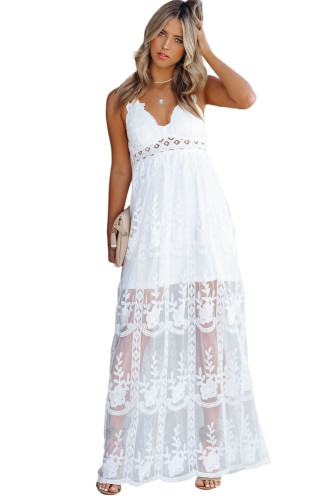 White Lace Crisscross Backless Maxi Dress LC619278-1