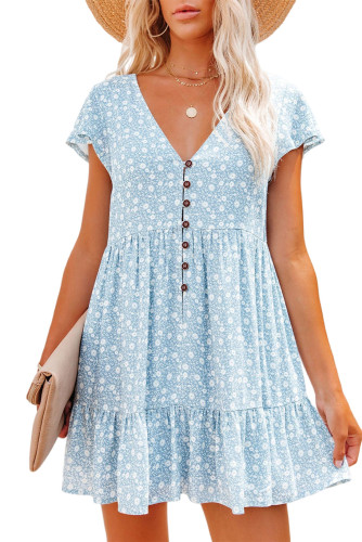 Sky Blue Floral V Neck Buttoned Babydoll Dress with Ruffled Hem LC619681-4