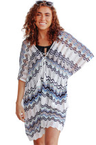 White Scalloped Stripes Knitted Slits Oversized Beach Cover Up LC421443-1