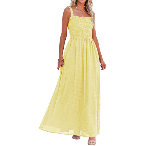 Yellow Smocked Swiss Dot Side Split Maxi Dress TQK311036-7