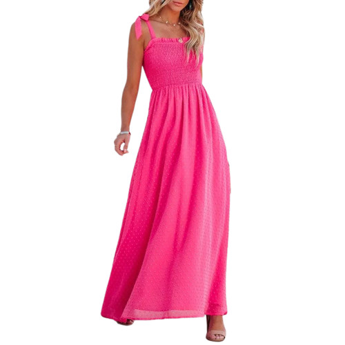 Rosy Smocked Swiss Dot Side Split Maxi Dress TQK311036-6