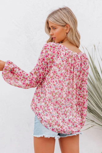 Floral Print V Neck Long Puff Sleeve Top LC2519034-3