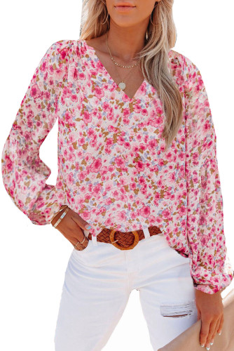 Floral Print V Neck Long Puff Sleeve Top LC2519034-3
