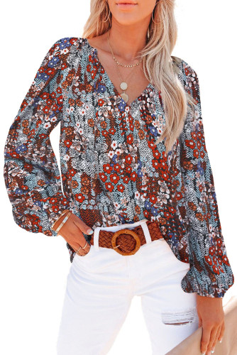 Red Floral Print V Neck Long Puff Sleeve Top LC2519034-103