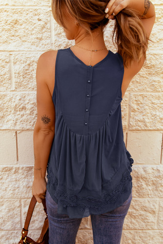 Navy Blue Lace Detail Buttons Back Sleeveless Top LC2565112-5