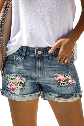 Sky Blue Floral Leopard Patchwork Ripped Denim Shorts LC7831047-4